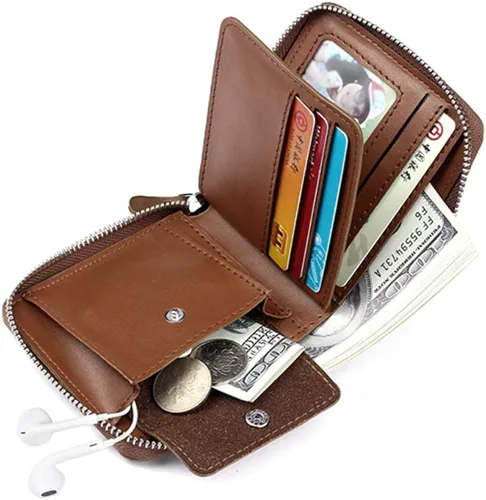 Vista 2 de Cartera compacta de cuero para hombre pequeña con cremallera monedero de cuero S