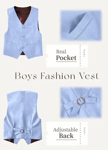 Vista 4 de Trajes para niños, traje de portador de anillos, chaleco formal y pantalones para niño, conjunto de trajes de boda Azul bebé