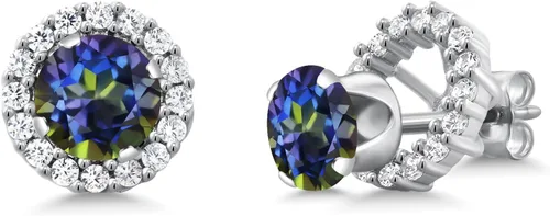 Vista 64 de Gem Stone King Aretes redondos de plata de ley 925 de 0.236 in con piedra natal extraíble para mujer