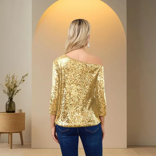 Vista 5 de Camiseta sin mangas con lentejuelas brillantes y hombros descubiertos para mujeres, Blusa, Camiseta para cóctel, informal, con lentejuelas