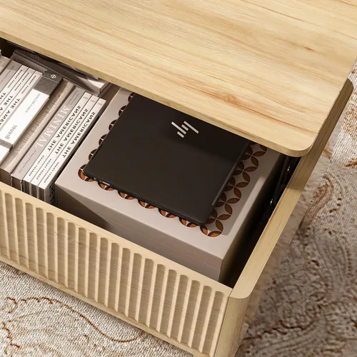 Vista 7 de LYNCOHOME Mesa de Centro con Tapa Elevable Acanalada con Almacenamiento, Mesa de Centro Moderna para Sala de Estar, Oficina en Casa (Natural)