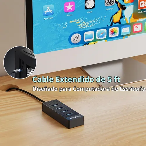 Vista 6 de Hub USB 3.0 de 4 puertos para escritorio, concentrador USB de 5 Gbps, adaptador multipuerto USB, divisor USB con cable de 5 pies de largo