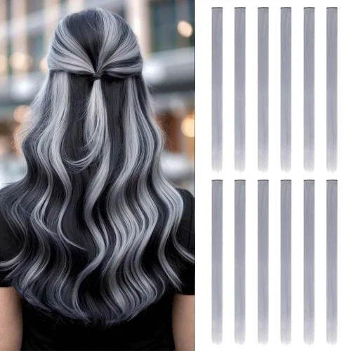 Vista 20 de 20 extensiones de cabello con clip de colores para niñas, extensiones de cabello arcoíris multicolor de 20 pulgadas, reflejos instantáneos, piezas
