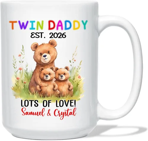 Vista 19 de Taza de café personalizada con nombre y año, taza de cerámica blanca personalizada para bebé, regalo único de taza de café con anuncio de embarazo