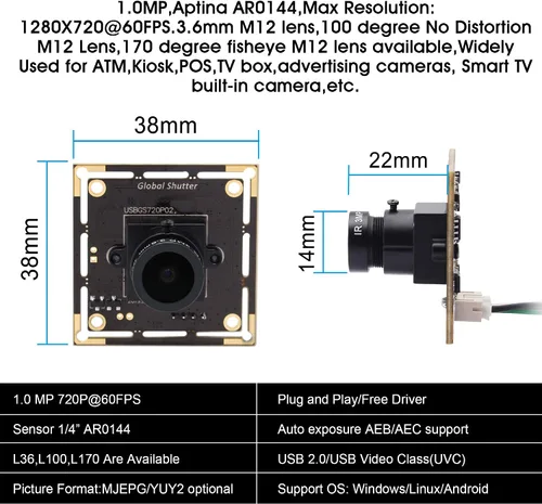 Vista 6 de Obturador global módulo de cámara USB gran angular 720P 60FPS USB Cámara web para computadora Mini UVC USB2.0 Cámara de PC USB de alta velocidad
