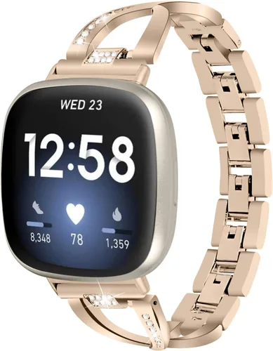 Vista 8 de FitTurn Compatible con Fitbit Versa 4/Sense 2/Versa 3/Sense Band para mujer, correa de repuesto de metal con diamantes de imitación de cristal