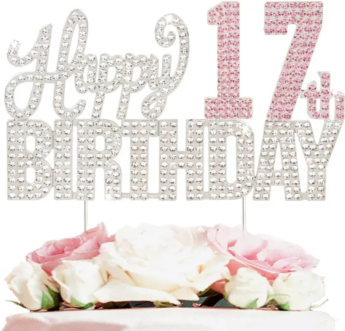 Vista 25 de Decoración de pastel de diamantes de imitación rosa y plateado con texto en inglés "Cheers to 11 Years Old Eleven Bday" de metal brillante