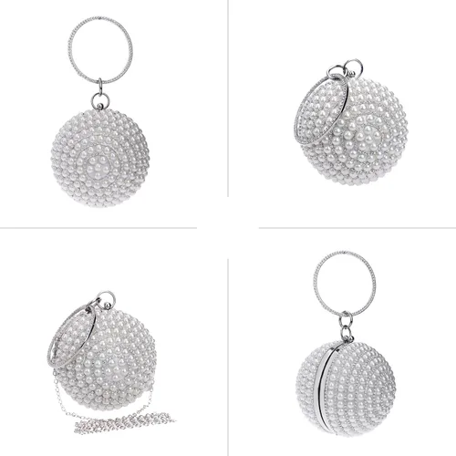Vista 7 de Bolso de mano redondo para mujer, con diamantes de imitación, bolso de noche con cuentas de perlas