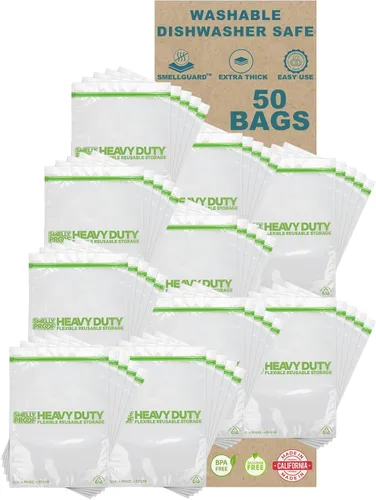 Vista 2 de 50 x HEAVY DUTY 5mils Thick Dishwasher-Safe STAND-UP Reusable Bags, US-MADE, Extra Durable Washable Reclosable Food Storage Extra Large Bags, XXL