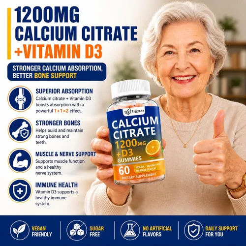 Vista 7 de (2 unidades) Citrato de calcio con gomitas de vitamina D3, suplemento de calcio de 1200 mg para mujeres y hombres, apoya la salud de los huesos