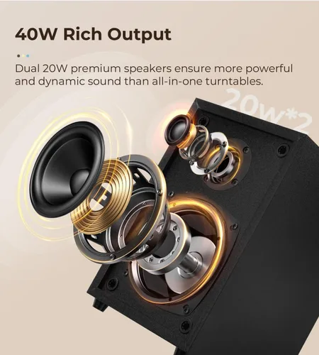 Vista 4 de Vangoa Tocadiscos de vinilo con altavoces estéreo de 40 W, cartucho magnético AT-3600L, placa de aluminio, luz azul, tocadiscos Bluetooth moderno