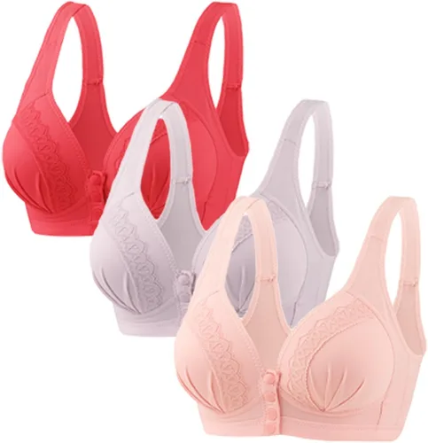 Vista 24 de Glamorette Snap Front Bra Older Women,Snap Front Bra, Sexy Lace Embroidered Bras,Pull-On Front Closure Button Bras 3 unidades de color negro.