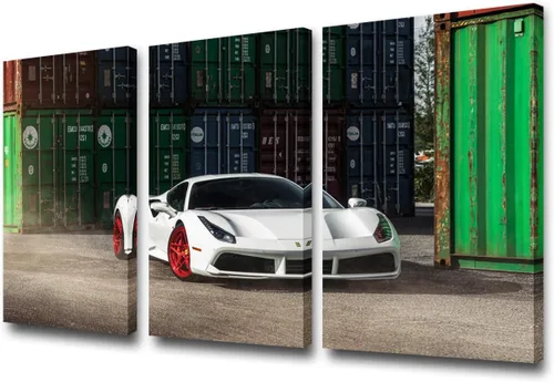 Vista 16 de Arte de pared de auto deportivo rojo para sala de estar, arte de pared de lienzo de súper auto genial, imágenes pósters, 3 piezas, arte moderno
