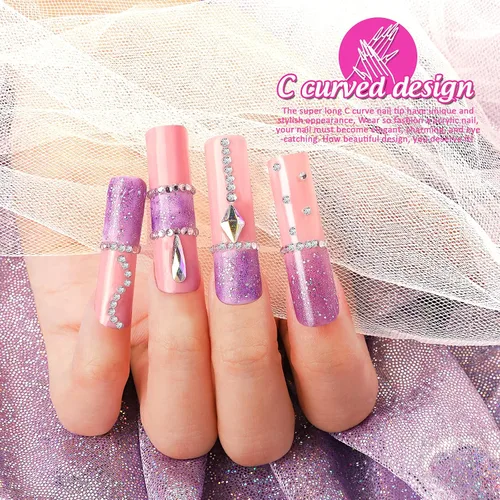 Vista 6 de Puntas de uñas postizas cuadradas extralargas de ABS, kit de 240 piezas con curva C, pegamento de uñas, lima para salón de belleza, hogar y bricolaje