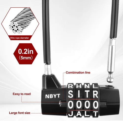 Vista 3 de Cerraduras de cable con letras, texto, combinación de palabras, cuerda de cable de acero con código reiniciable para bicicletas, taquillas