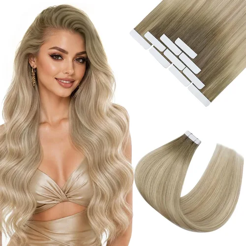 Vista 23 de Ve Sunny Extensiones de cabello humano real con cinta, cabello humano Remy, lacio, doble cara, color marrón oscuro, balayage, rubio dorado oscuro