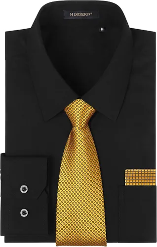 Vista 67 de HISDERN Mens Dress Shirt with Tie Pocket Square Set Classic Button Down Shirt Matching Tie Long Sleeve Shirts 08-verde