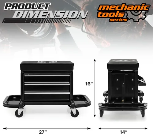 Vista 3 de M-AUTO Taburete Mecánico Rodante Taburete de Caja de Herramientas de Garaje Asiento de Cofre de Herramientas con Ruedas, Capacidad de 350 LBS