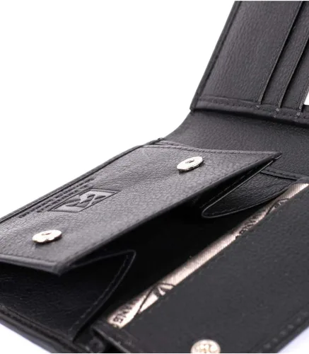 Vista 3 de Billetera plegable de piel con bloqueo RFID para hombre con bolsillo para monedas, Negro