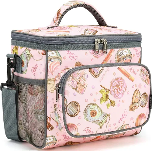 Vista 23 de FlowFly - Lonchera reutilizable con aislante para adultos, grande, para mujeres y hombres, con correa ajustable para el hombro, bolsillo frontal
