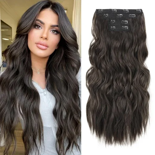 Vista 23 de REECHO Extensiones de cabello con pinza, 4 piezas de extensiones de cabello rubio de 24" de largo, ondas de playa gruesas, HE003, trama de encaje