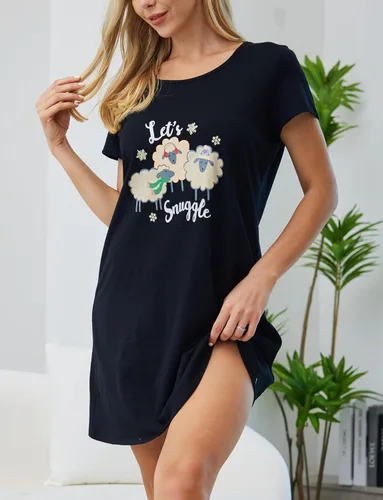 Vista 3 de PNAEONG - Camisón de algodón para mujer, de manga corta y con estampado, ropa de dormir informal