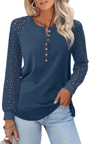 Vista 17 de Minetom Camisetas de manga larga con encaje para mujer, blusas casuales