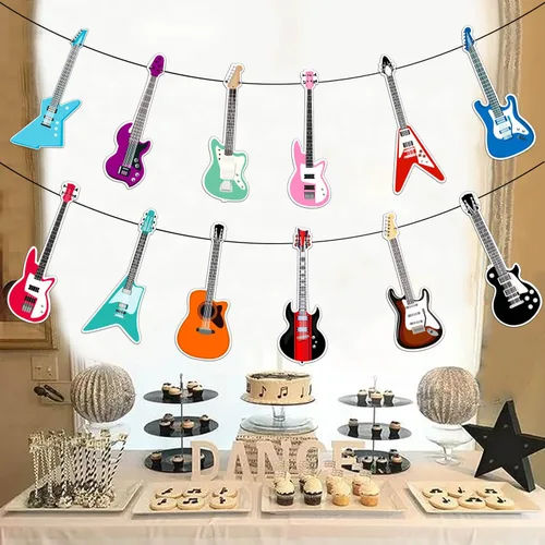 Vista 3 de Cartel de feliz cumpleaños de guitarra, decoración geométrica multicolor para fiestas temáticas de música para niños y niñas, 5 x 78 pulgadas