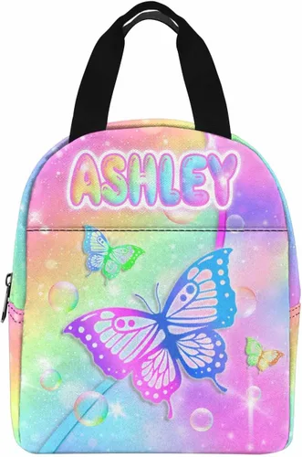 Vista 22 de InterestPrint Bolsa de almuerzo con nombre personalizado para hombres y mujeres, diseño de mariposa rosa y azul personalizada, caja de almuerzo