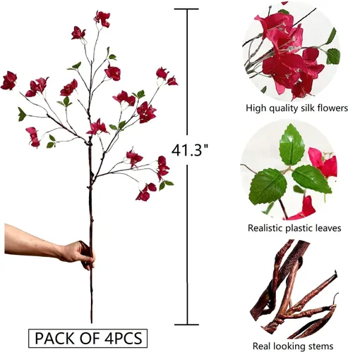 Vista 8 de Ramas de flores artificiales de buganvilla, tallos de buganvilla de seda con ramitas de árbol secas, tallos de vegetación sintética de tacto real