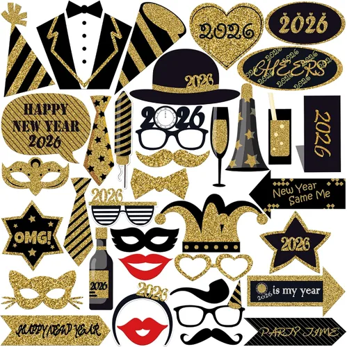 Vista 10 de KatchOn, Accesorios para cabina de fotos de Año Nuevo con purpurina 2026 – Paquete de 32 Accesorios de cabina de fotos de Nochevieja