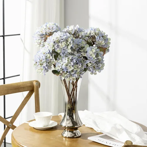 Vista 2 de Flores Artificiales Cabezas de Hortensias de Seda Falsa Ramo con Tallos al Por Mayor para Decoración de Otoño Centro de Mesa Navidad Interior Azul