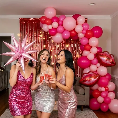 Vista 3 de Kit de arco de guirnalda de globos rosa y rojo, 108 piezas con globos de labios de estrella de aluminio para niñas, mujeres, cumpleaños, día