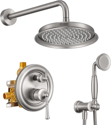 Vista 9 de Cabezal de ducha de lluvia con combo de mano, sistema de ducha dorado cepillado con válvula de presión de equilibrio, cabezal de ducha de 9 pulgadas