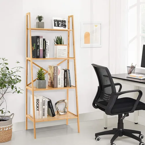 Vista 2 de Giantex Estantería de bambú de 4 niveles, estantes de almacenamiento multifuncionales con dispositivo antivuelco, estante de escalera de bambú