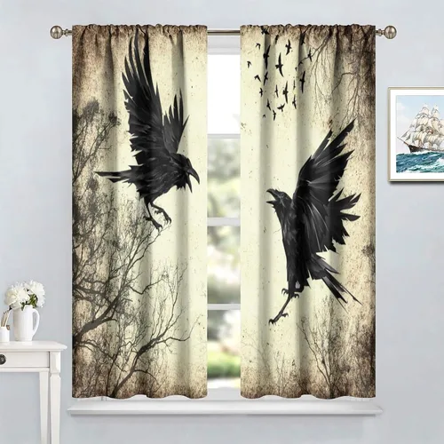 Vista 2 de Cortinas góticas de bosque de cuervos, para Halloween, espeluznante, negro, cuervo negro, alas oscuras, suspenso, bolsillo para barra, cortinas