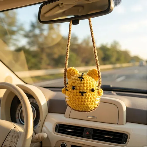Vista 9 de Accesorios colgantes de espejo de coche con pollito - Decoración tejida a mano para espejo retrovisor, estética