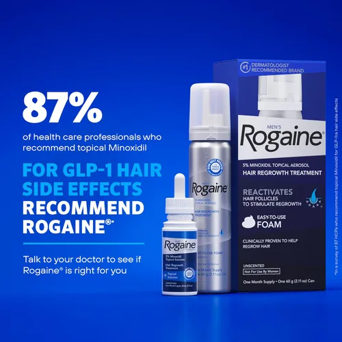 Vista 4 de Rogaine para hombres 5% minoxidil espuma tópica, suministro para un mes