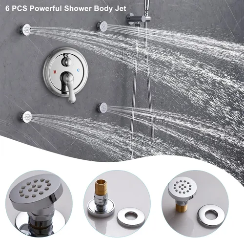 Vista 2 de Sistema de ducha cromado de 8 pulgadas, juego de grifo de ducha montado en la pared con chorros de cuerpo, sistema de ducha de lluvia de 3 funciones