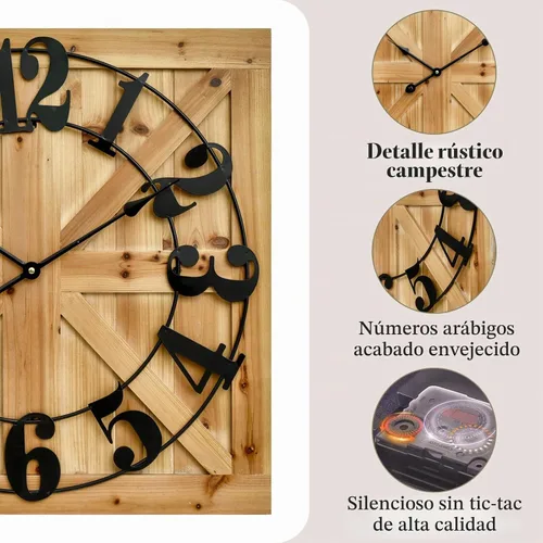 Vista 4 de EMAX HOME Reloj de pared grande estilo casa de campo, reloj de madera rústico cuadrado marrón de 24 pulgadas con letrero decorativo de madera