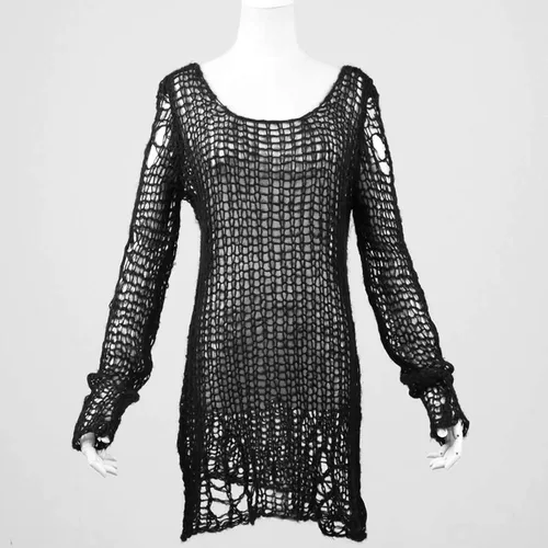 Vista 5 de Punk Rave Women's Goth Open Knit Pullover Sweater Long Sleeve Color Block Sweaters Loose Crochet Jumper Tops