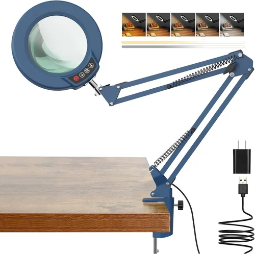 Vista 12 de Coyeth lupa de 10 aumentos con luz y abrazadera, lupa iluminada con soporte de vidrio real, lámpara de escritorio LED regulable sin escalones con 5