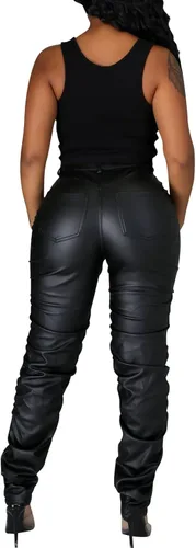 Vista 4 de hibshaby Sexy Club - Pantalones de piel sintética para mujer, cintura alta, fruncidos, apilados
