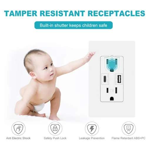 Vista 3 de Micmi USB C + A PD Power Delivery 24W Toma de corriente dual de alta velocidad, capacidad de carga rápida inteligente, placa de pared resistente a