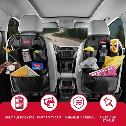 Vista 4 de Rubbermaid Organizador de coche para asiento trasero, alfombrillas y protector de respaldo de asiento, organizador de automóvil para niños con 6