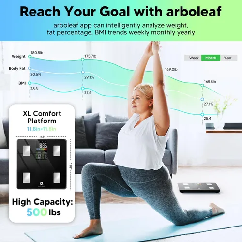 Vista 6 de Arboleaf Báscula inteligente con IMC, grasa corporal, masa muscular, 14 métricas de composición, pantalla LED grande, báscula digital de baño