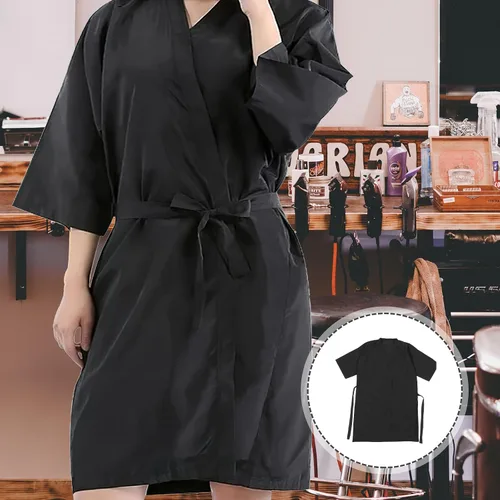 Vista 3 de Lurrose Vestido de cliente de salón Batas Cabo Peluquería Corte de pelo Smock para clientes Estilo Kimono (negro)