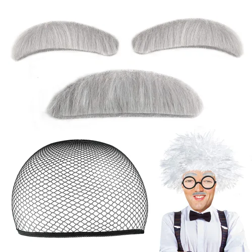 Vista 2 de Beelittle Conjunto de peluca de científico loco de anciano Albert Einstien Ben Benjamin Franklin disfraz de abuelo peluca, cejas, bigote, lentes (C)