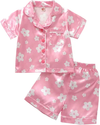 Vista 19 de Conjunto de pijama de satén para bebés y niños pequeños, pijamas de manga larga con botones para niñas 4 de julio