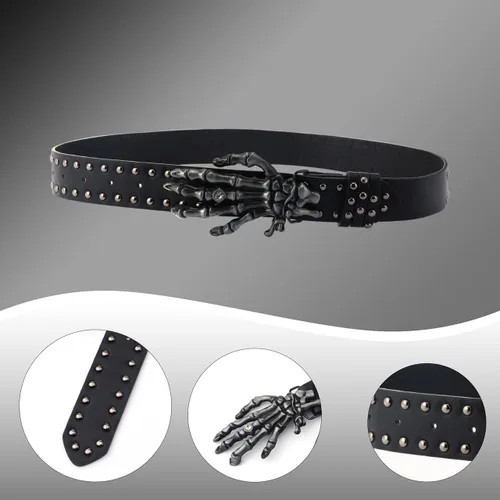 Vista 5 de Eigso Pulsera de cuero punk con calavera para mujer + cinturón de cuero de calavera para mujer